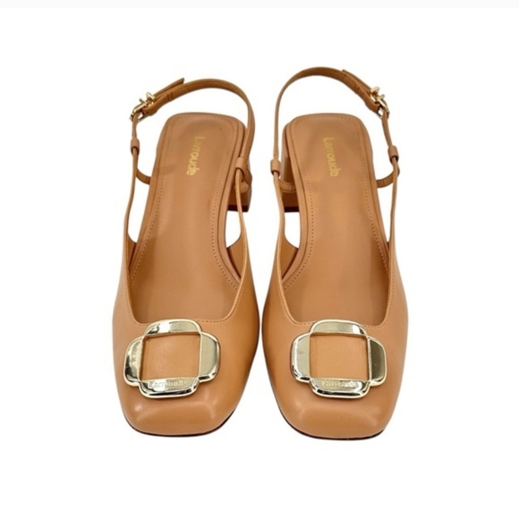Larroude Slingback Block Heel Nude Leather Pumps Maria Tan Sz 7 - Picture 6 of 16
